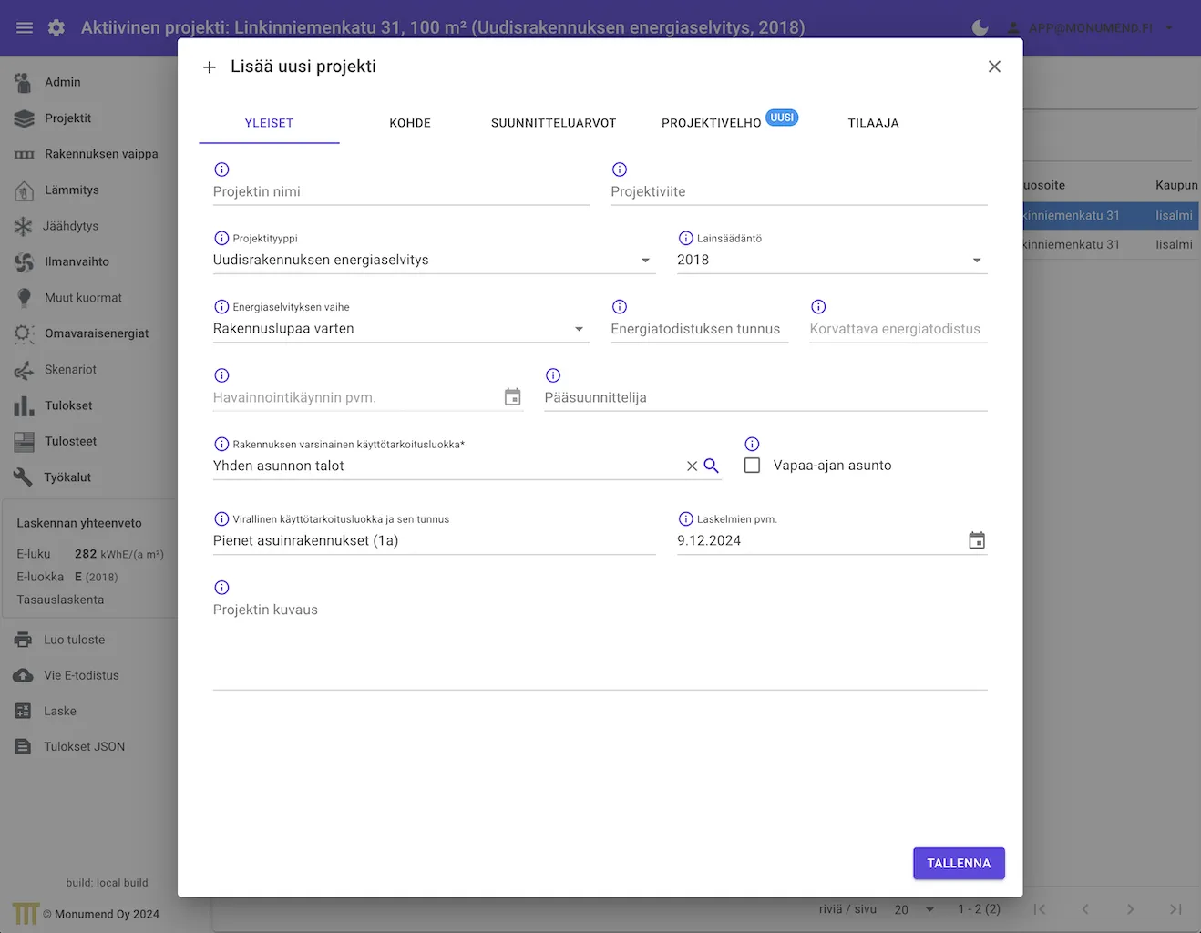 Uuden projektin lisäys